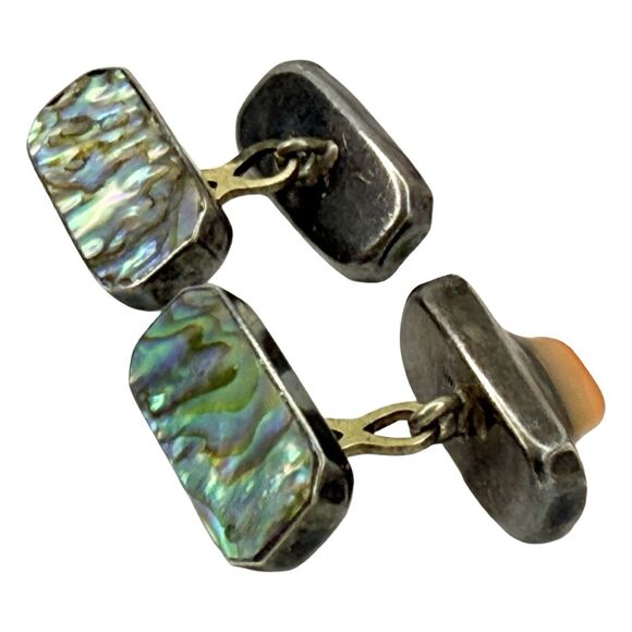 Antique 925 Sterling Silver Men's Cufflinks Abalone Mother Of Pearl Rectangle - Picture 12 of 16
